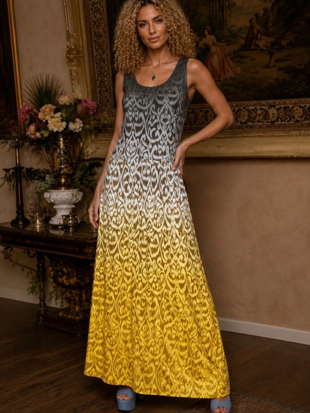 LINEA Louis Dell’Olio Ombre Damask Maxi Dress Gold Black Size 10